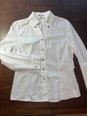 Escada White Cotton Button Down Shirt Tailored Blouse Size 8 Classic Luxury